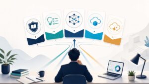 生成AI資格の5つの学習ルートから、仕事の目的に合う1つを選ぶ社会人を表した図
