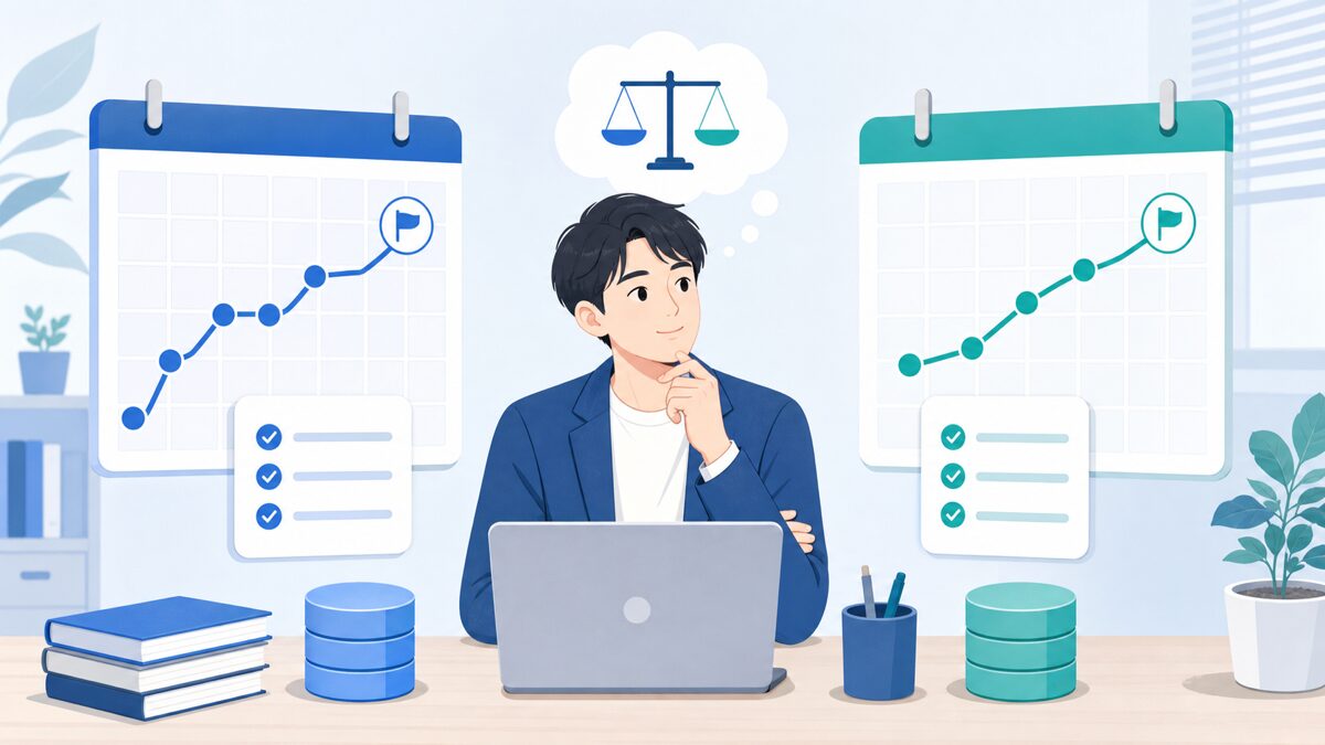 2019と26aiの2つの学習ルートを比べる会社員のイラスト