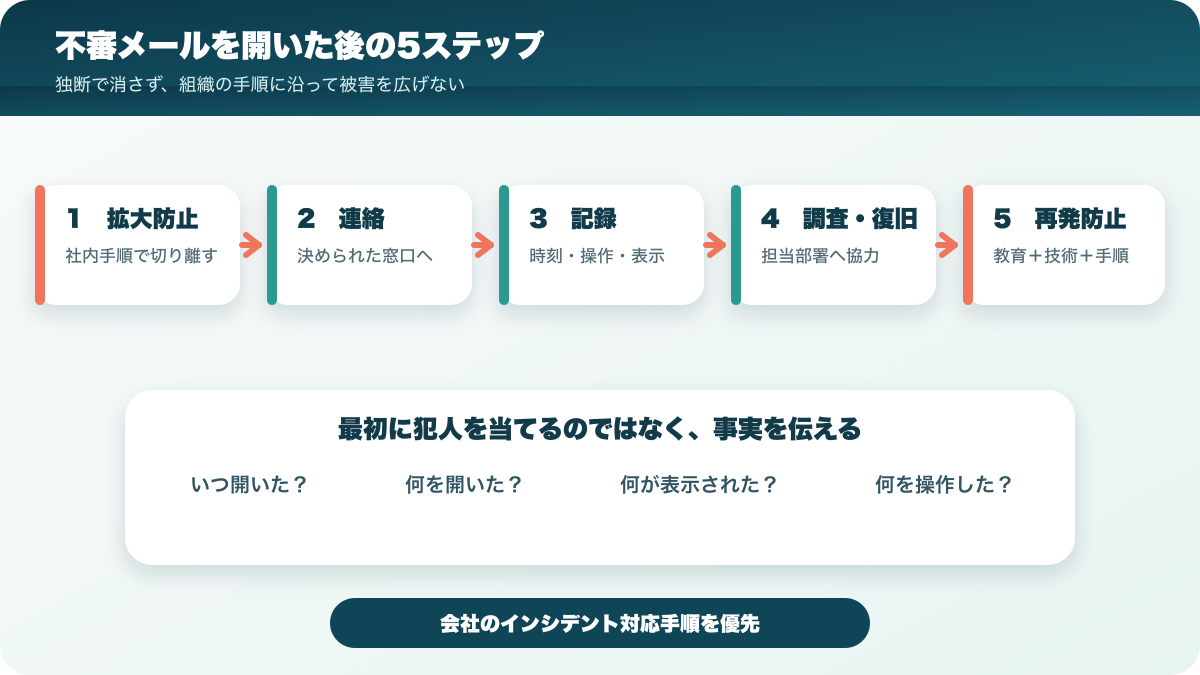 不審メールを開いた後に被害拡大防止、連絡、記録、復旧、再発防止へ進む流れ